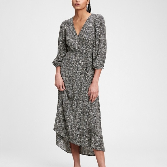 GAP LENZING™ ECOVERO™ Flounce Midi Black and White Asymmetrical Wrap Dress - Picture 1 of 10